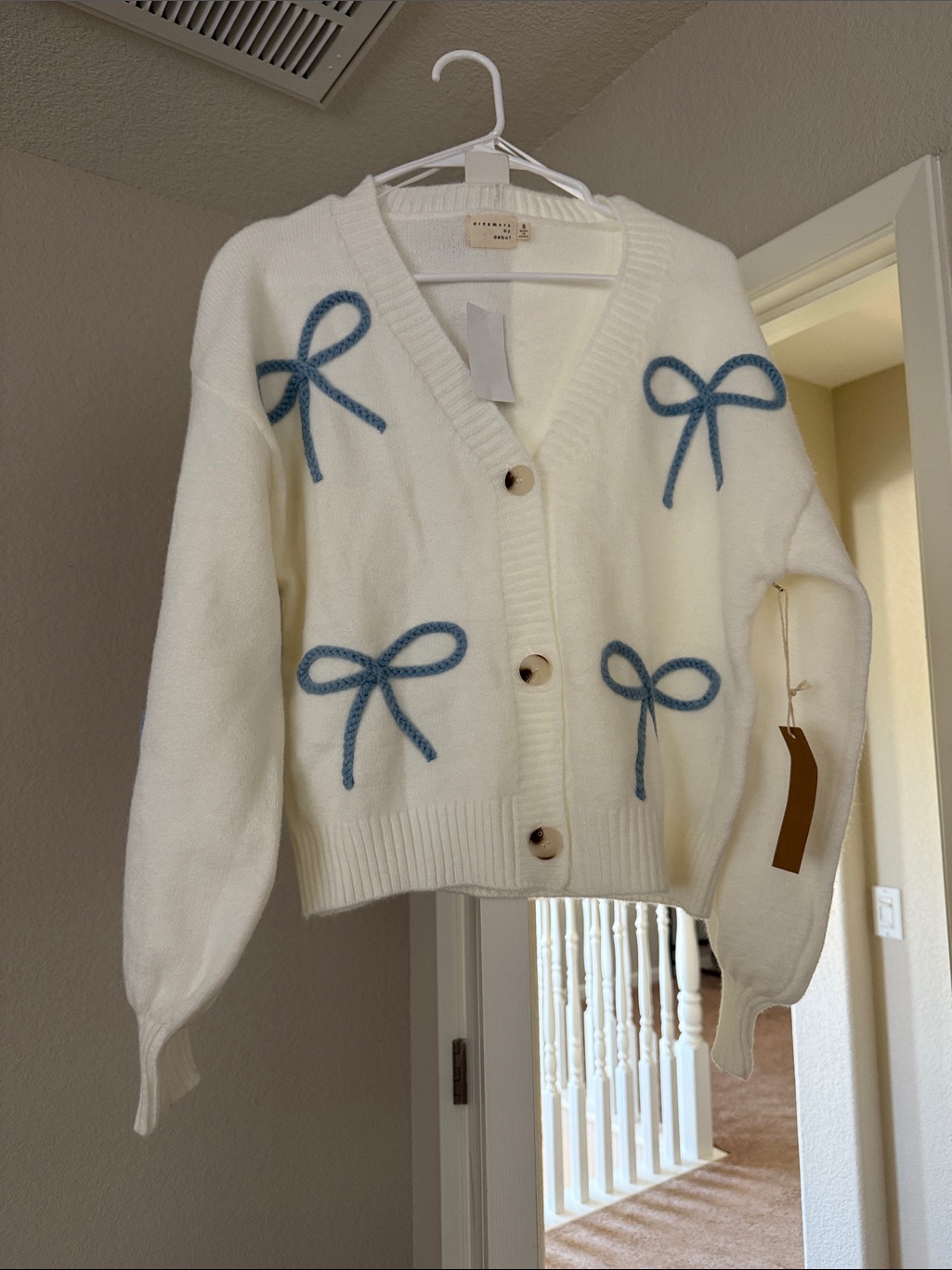 Nwt Cream V-Neck Cardigan With Blue Bow Accents